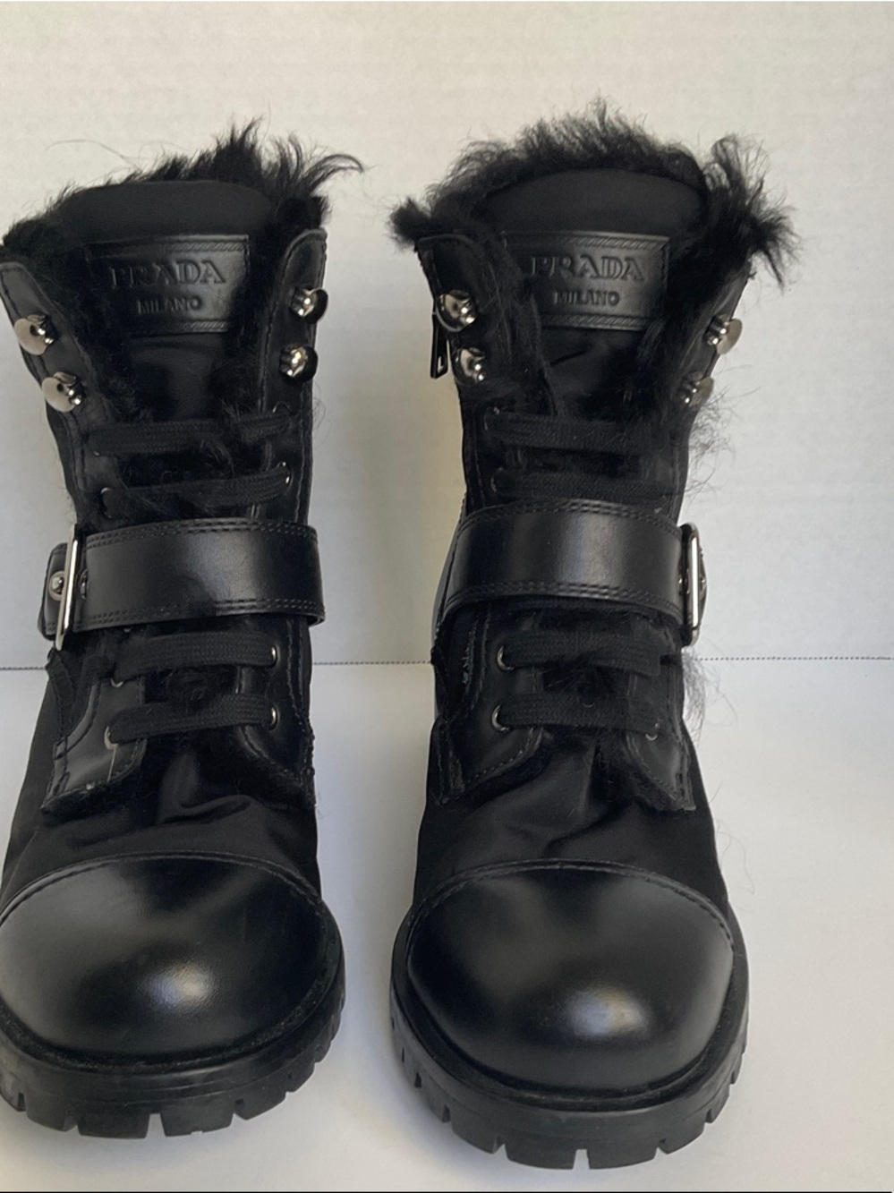 Prada Black Leather Lace-Up Fur Collar Buckle Combat Boots